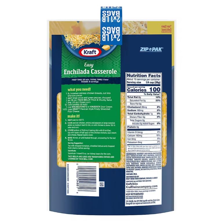 Kraft Mexican Style Four Cheese Blend Shredded Cheese, 2 lb. (2 pk.)