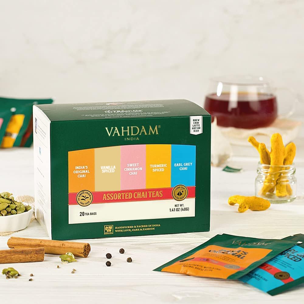 Vahdam, Assorted Chai Tea Sampler Gift Set (5 Flavors, 20 Count) Gluten Free & Non Gmo | Indian Masala Chai Tea Blends | Long Le