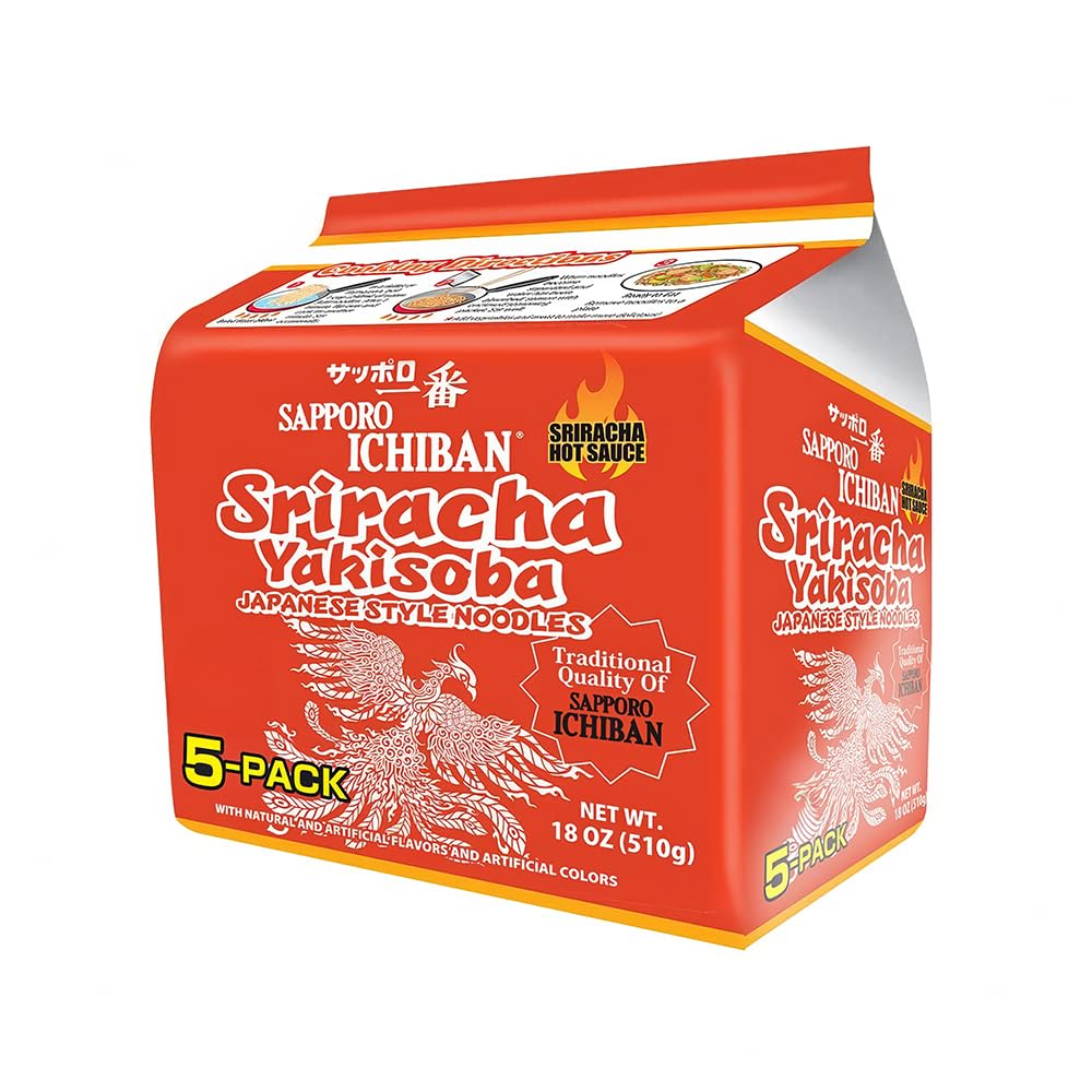 [Sapporo Ichiban] Sriracha Yakisoba, Spicy Chow Mein, No. 1 Tasting Japanese Instant Noodles (3.6 Oz/102 G) (5 Packs)