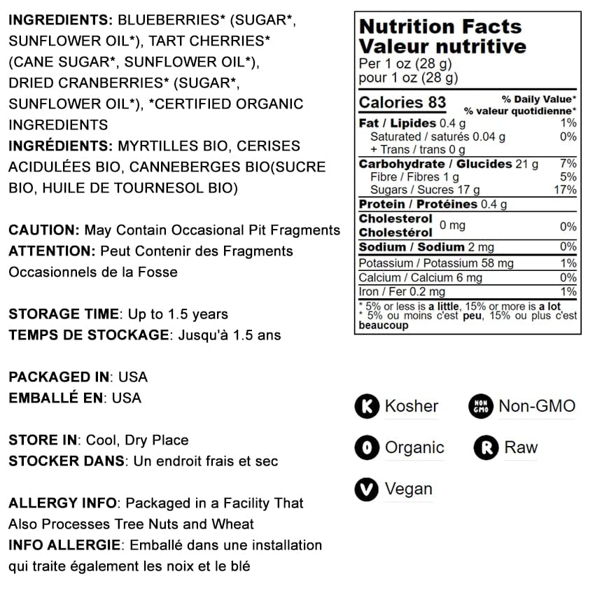 Organic Mixed Berries, 1 Pound - Non-GMO Dried Blueberries, Cranberries, and Tart Cherries, Kosher, Lightly Sweetened, Unsulfure
