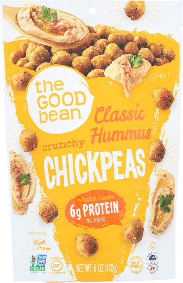 The Good Bean Crunchy Chickpeas - Classic Hummus - 6 oz Resealable Bag - Roasted Chickpea Beans - Vegan Snack with Good Source o