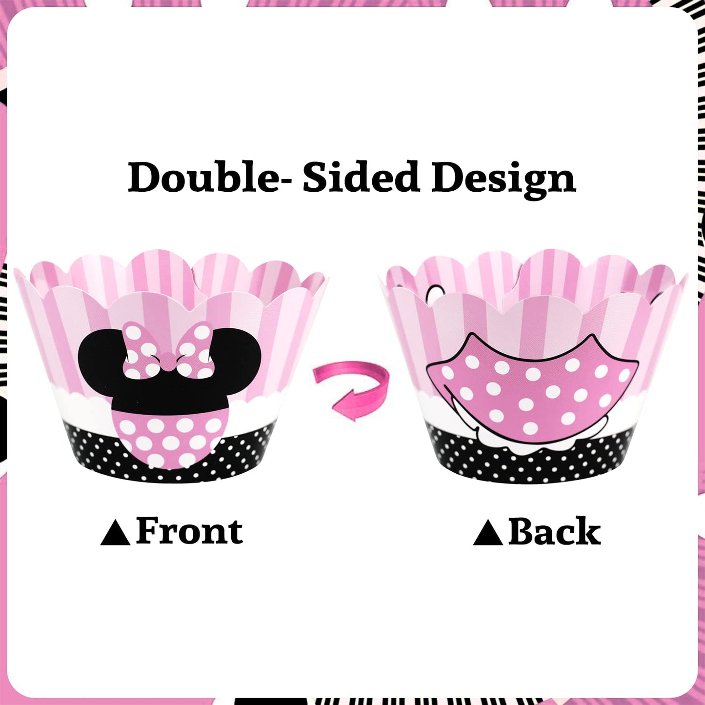 MOAXMOA Minnie Cupcake Toppers and Wrappers, 32 Toppers & 32 Wrappers, Paper, Kids Birthday Theme, Baby Shower Party Supplies