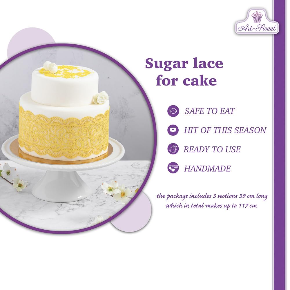 Art-Sweet Premade Cake Lace - Ready To Use Edible Cake Lace Decoration - Sugar Decorations For Cakes - Edible Ribbon - Incl.3 Pi