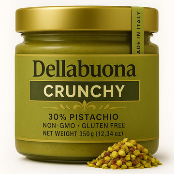 Dellabuona CRUNCHY Pistachio Cream - Premium Italian Pistachio Butter 12.34 oz Glass Jar - Pistachio Cream for Dubai Chocolate, 