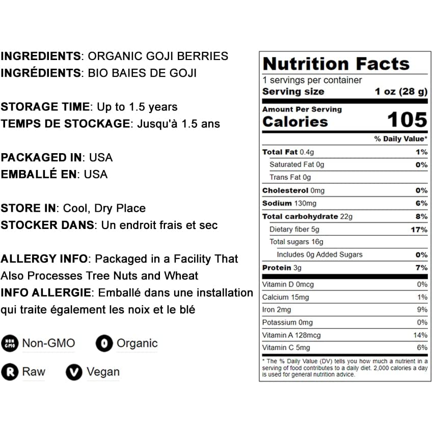 Food To Live Organic Goji Berries, 5 Pounds – Non-Gmo, Sun-Dried, Large And Juicy, Unsweetened, Sirtfood, Vegan, Bulk. High In Iron, Vitamins A, And C. Fruit Snack. Perfect For Baked Goods, Oatmeal.