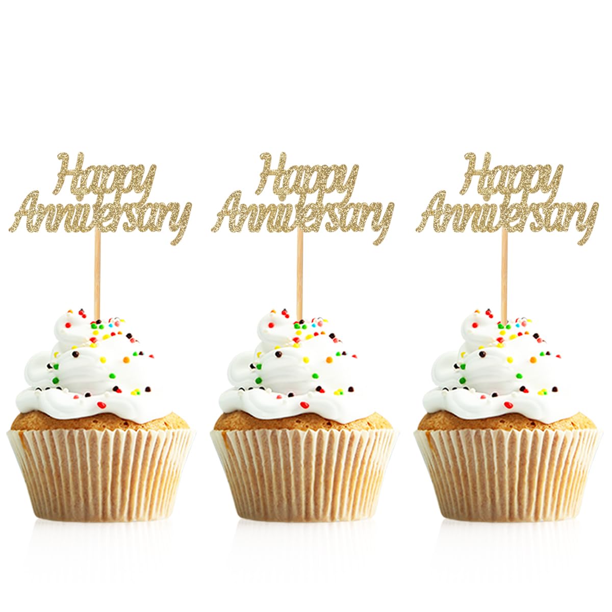 Donoter 48 Pcs Light Gold Glitter Happy Anniversary Cupcake Toppers Picks For Wedding Anniversary Party Cake Decorations