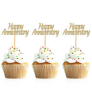 Donoter 48 Pcs Light Gold Glitter Happy Anniversary Cupcake Toppers Picks For Wedding Anniversary Party Cake Decorations