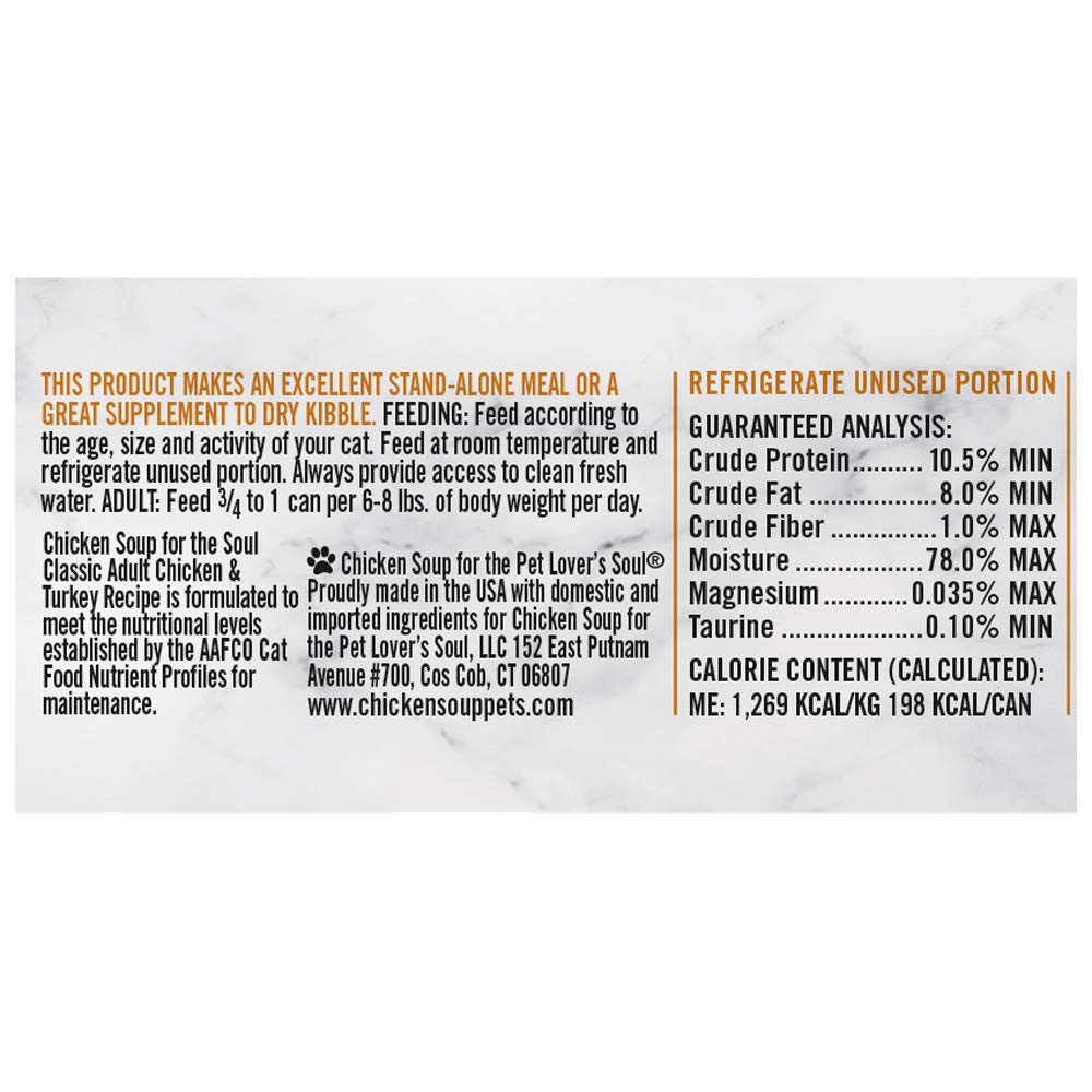 Chicken Soup For The Soul All Natural Enhanced Mature-Themed Wet Cat Food, Real Meat First Ingredient, No By-Products, Artificial Colors, Flavors Or Preservatives, Chicken & Turkey Pate, 5.5Oz (Pack Of 24)