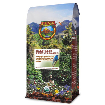 Java Planet -Half Caff Peru Low Acid Organic Coffee Beans, Medium Dark Roast, Arabica Gourmet Coffee Grade A, packaged in 1 LB b