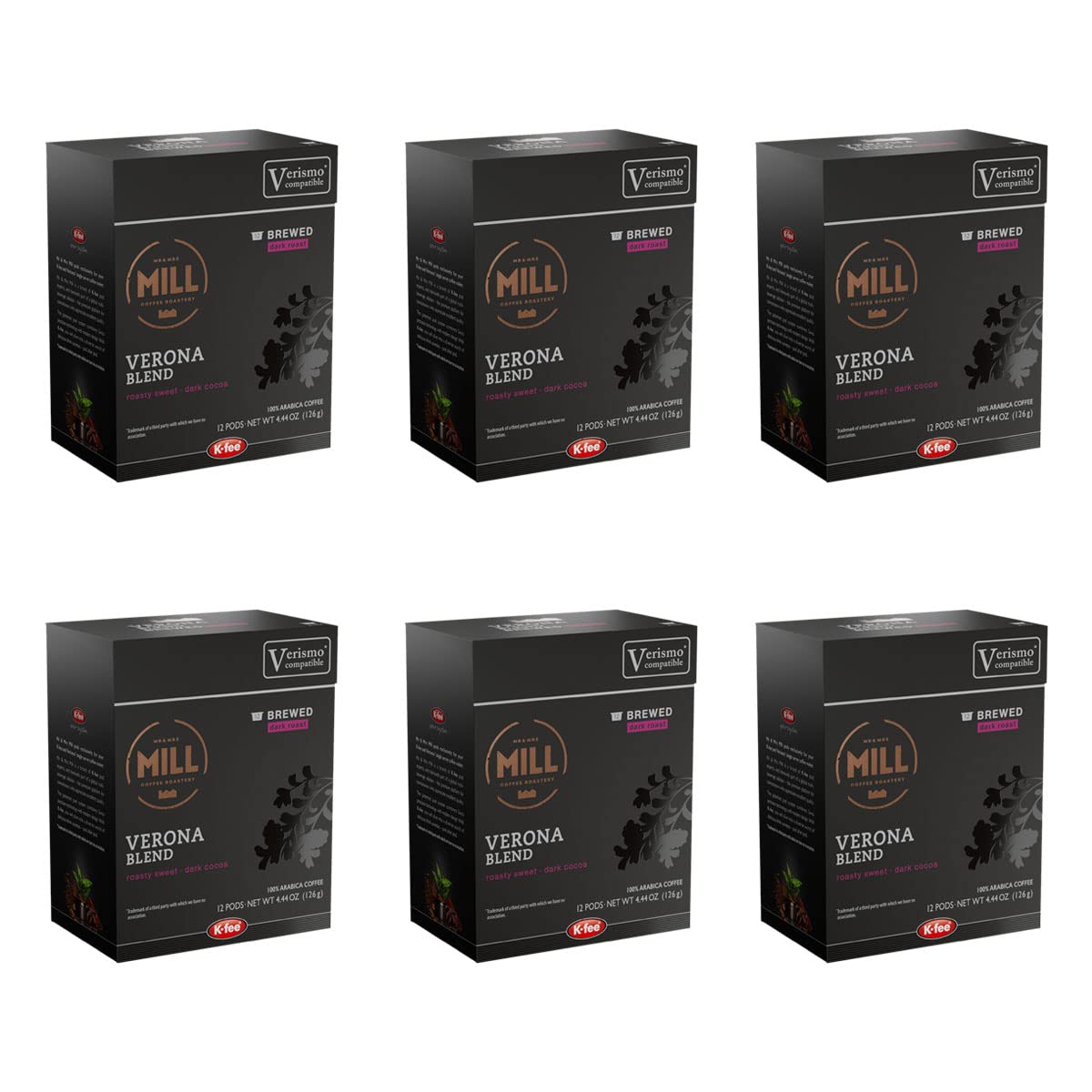 Mill Coffee Brewed Verona Blend Coffee K-Fee & Starbucks Verismo* Compatible | 72 Count (6 Boxes X 12 Pods) | Dark Roast Single