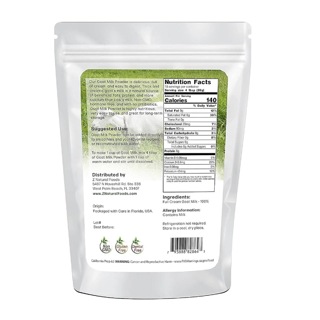 Z Natural Foods Goat Milk Powder - Pure Full Cream, 16 Ounce, Highly Nutritious, Easy Digestion for Smoothies, Cooking, Baking