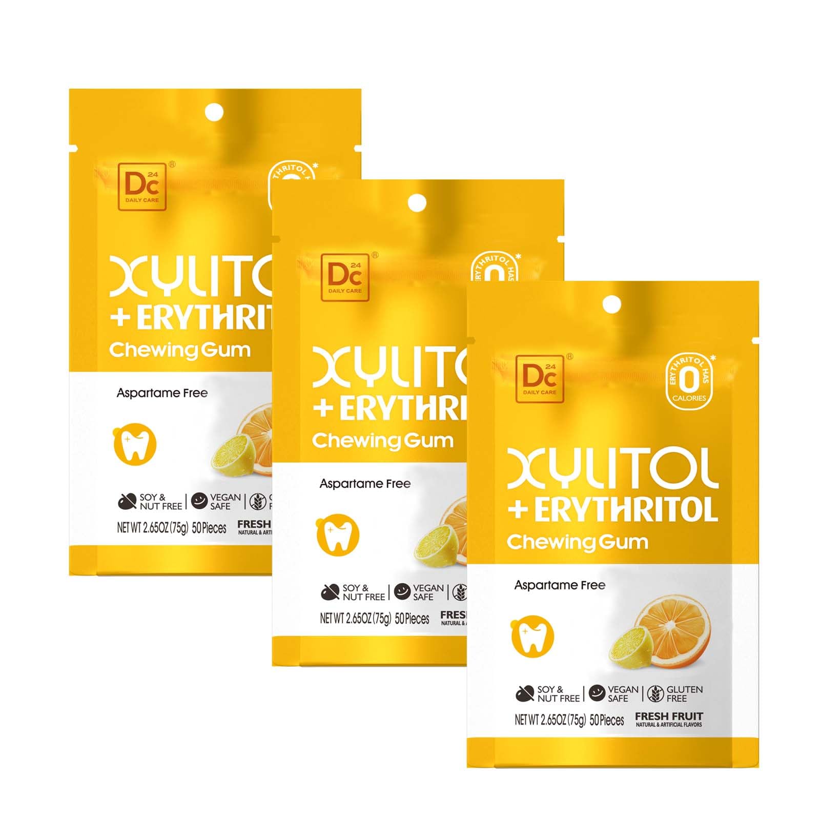 DC24 DAILY CARE Gum, Aspartame Free & Sugar Free, Xylitol Chewing Gum with Erythritol, Low-Calorie, Sugarless, Fresh Fruit Flavo