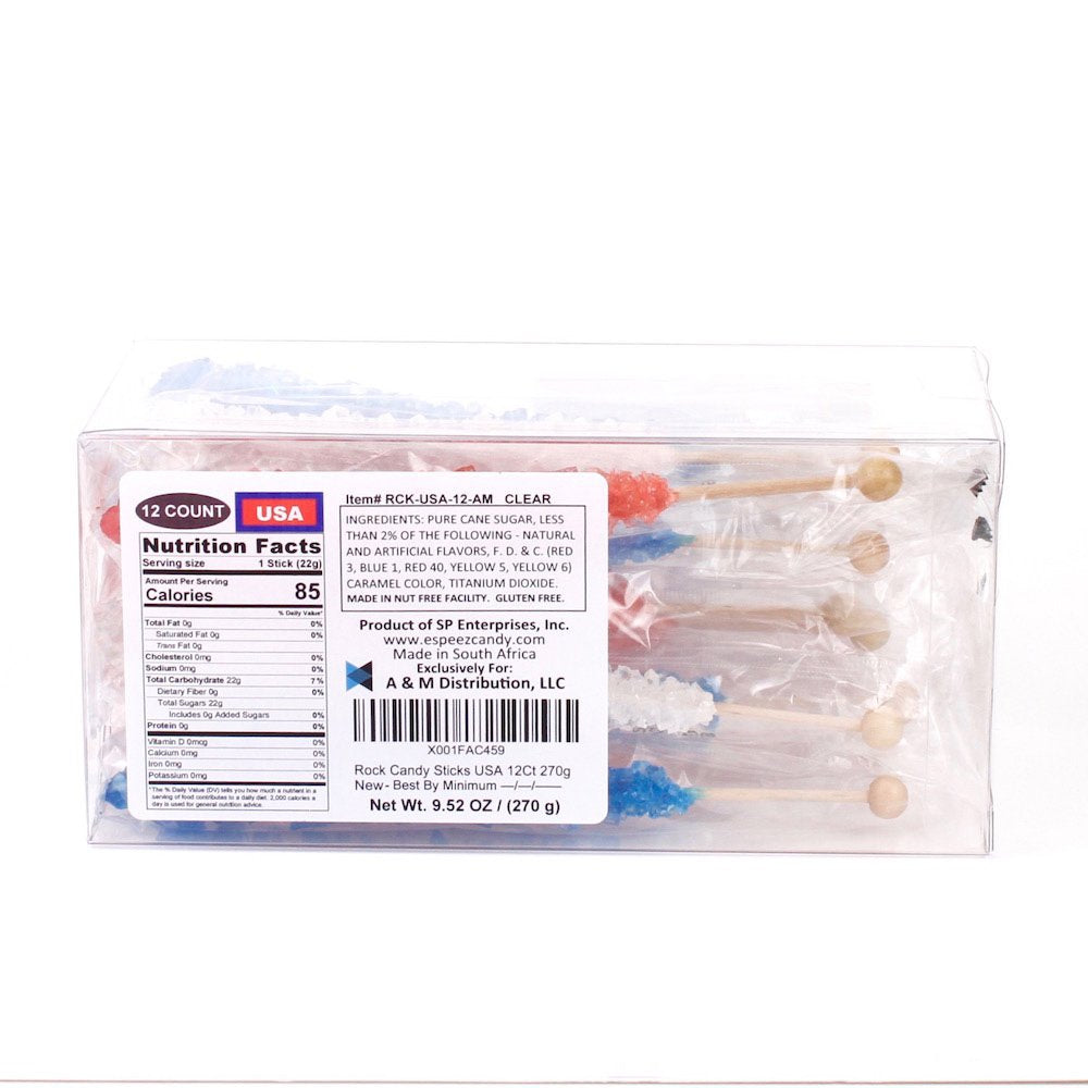 Espeez Rock Candy Sticks - 12 Count - Red, White, Blue - Individually Wrapped for Parties and Candy Buffets