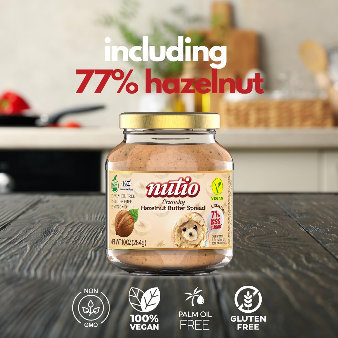 NUTIO Crunchy Hazelnut Butter Spread - 77% Hazelnut, Low Carb, Vegan - 10.5 oz Glass Jar