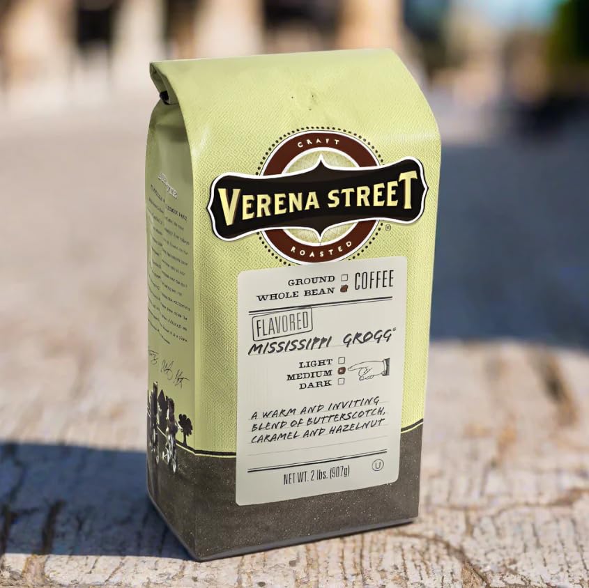 Verena Street Whole Bean Coffee, Mississippi Grogg, Medium Roast, 2 Pound Pack, Rainforest Alliance Certified