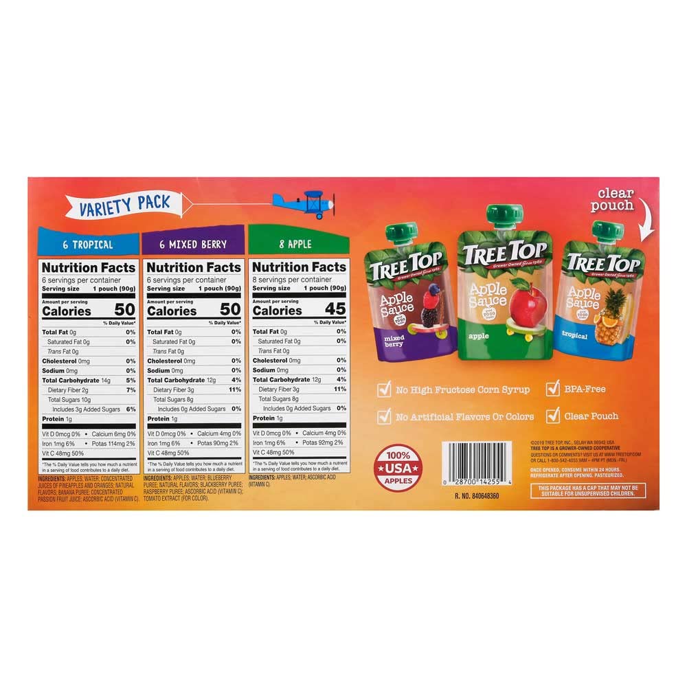 Tree Top Apple Sauce Pouches Variety Pack, Apple, Mixed Berry, Tropical, 3.2 Oz. Each (Pack Of 20)