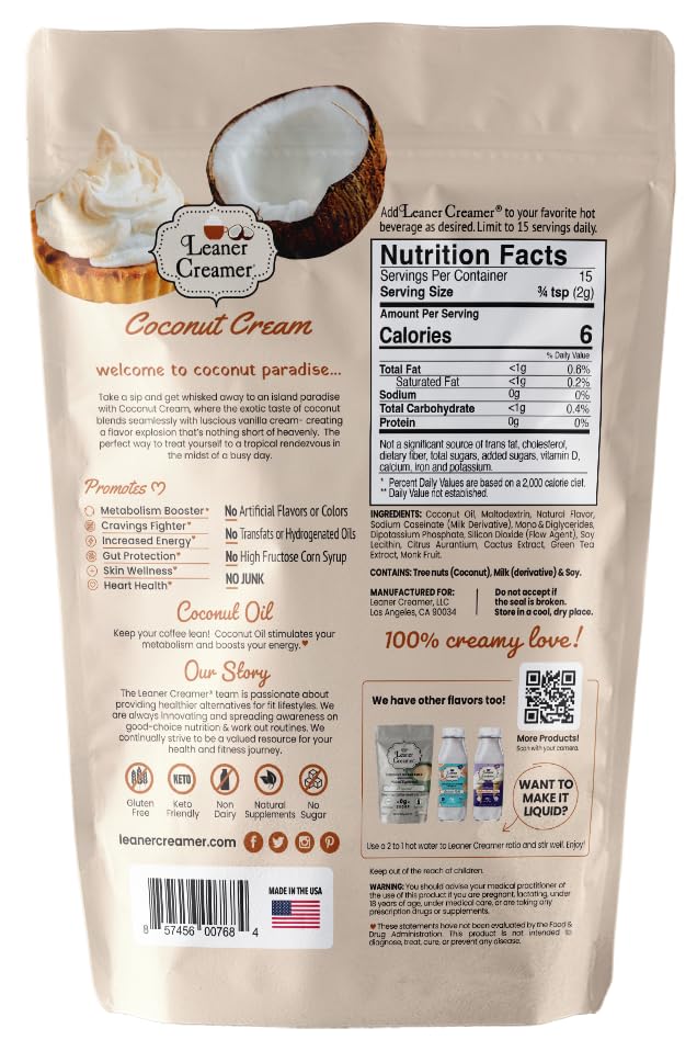 Leaner Creamer Coconut Creamer - Non-Dairy, Sugar-Free, Keto, Gluten-Free - 9.87 Oz