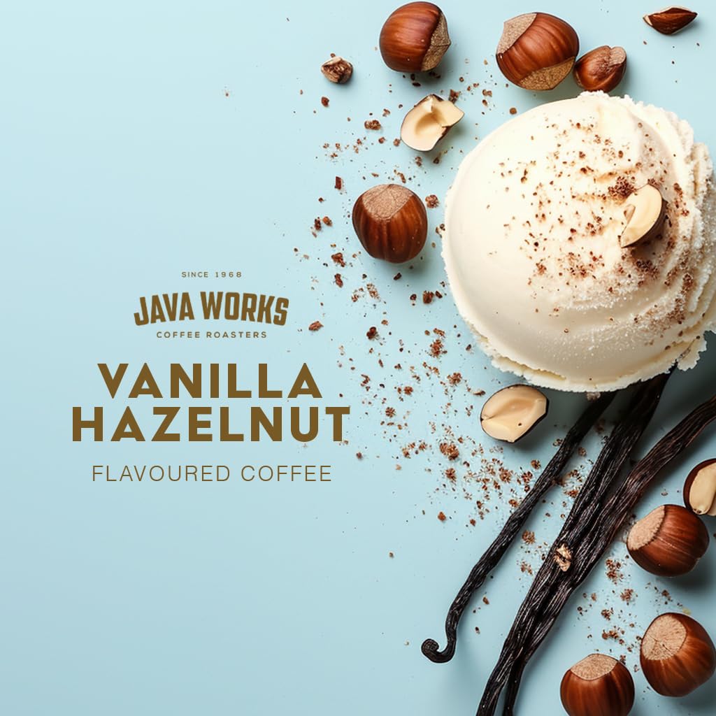 Java Works Coffee - Vanilla Hazelnut Flavored Coffee | 12 Ounces | Medium Roast | Whole Bean | No Sugar Added
