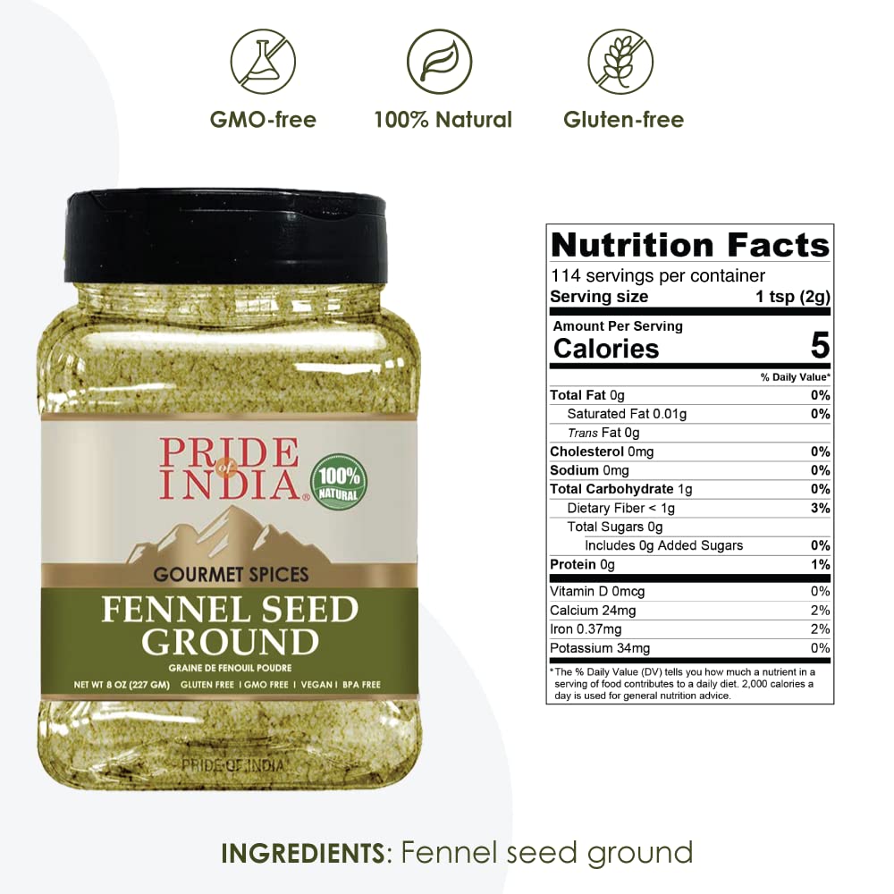 Pride Of India Fennel Seed Ground Spice - 8 oz Medium Dual Sifter Jar - Natural & Gourmet - Ideal for Tea, Drinks, Roasts, and Bakes
