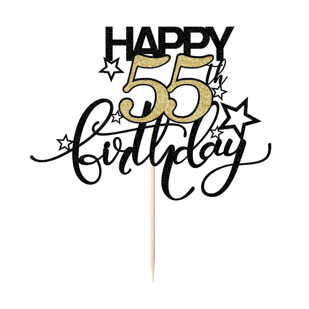 Bekaterea Happy Birthday Cake Topper,Black Font Golden Numbers 55Th Birthday Cake Decoration,Hello 55, Cheers To 55Years/55Th An