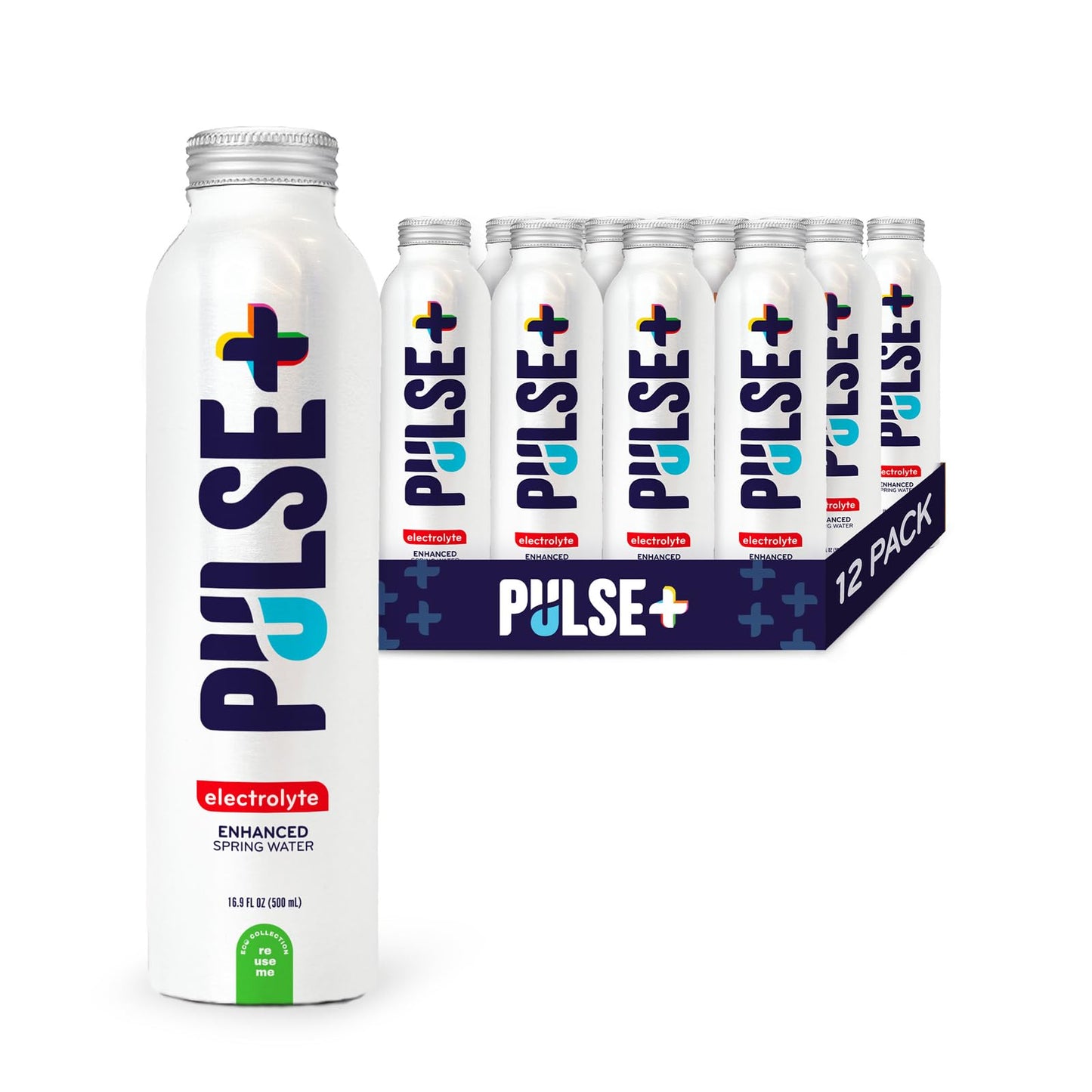 Pulse+ Electrolyte Water - Naturally Filtered Spring Water, 16.9 oz Aluminum Bottles, BPA-Free, Case of 12