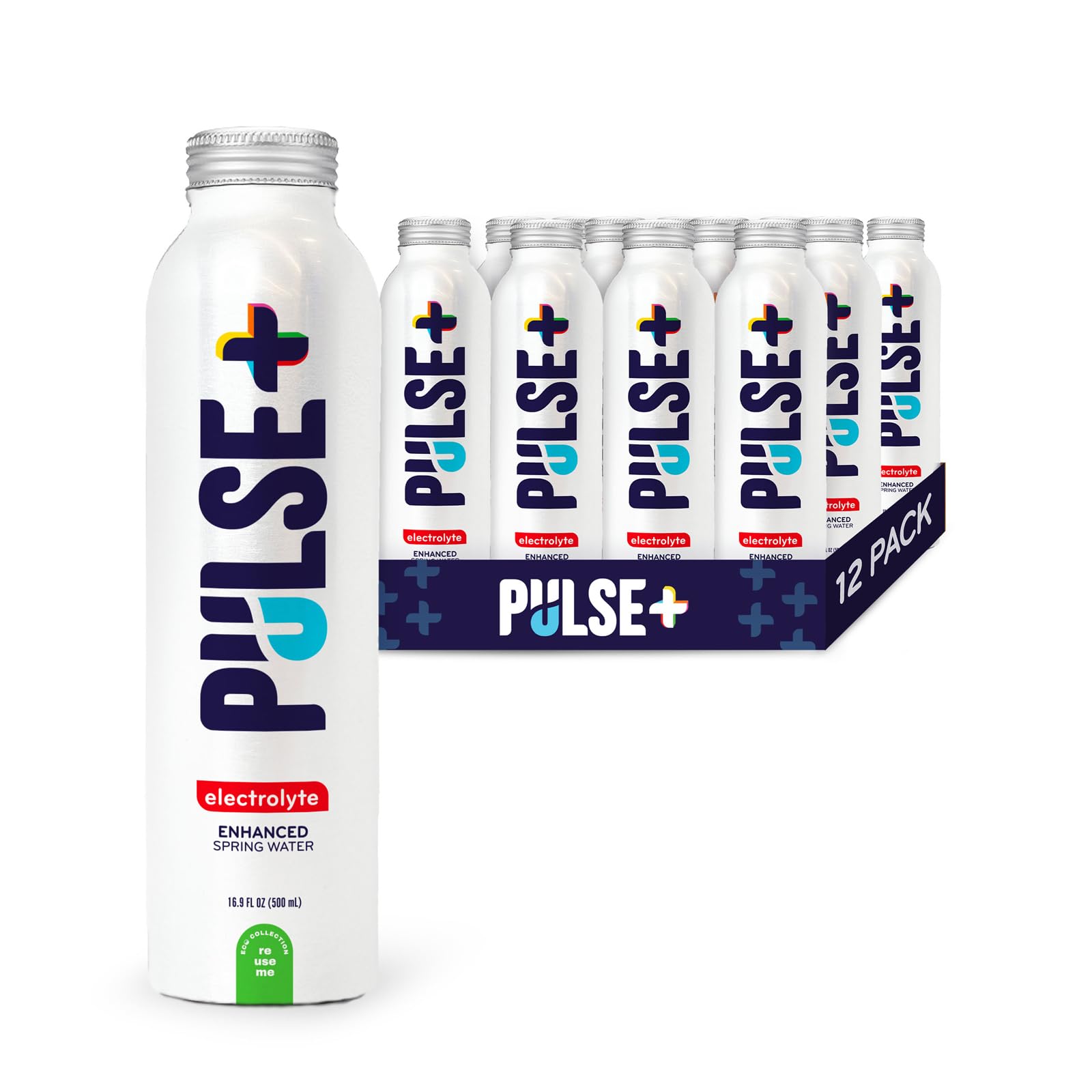 Pulse+ Electrolyte Water - Naturally Filtered Spring Water, 16.9 oz Aluminum Bottles, BPA-Free, Case of 12