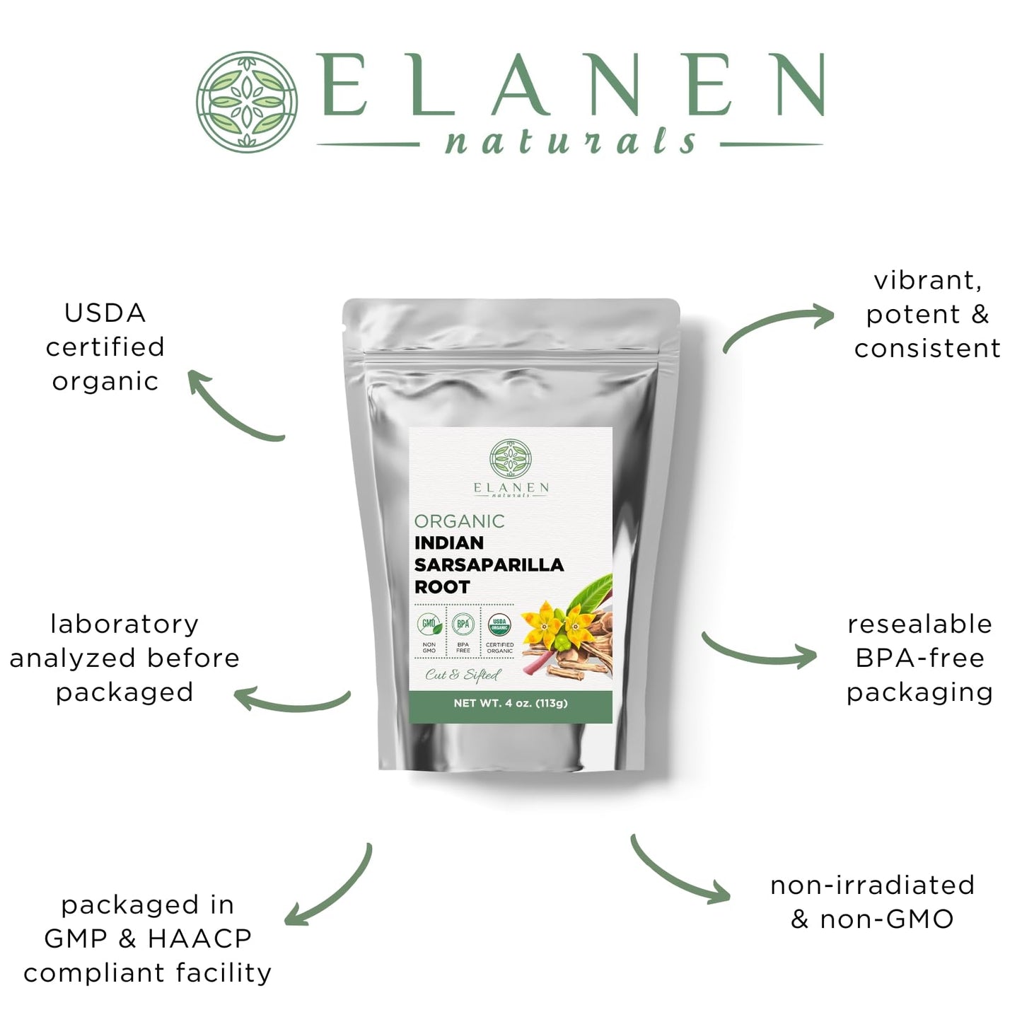 Elanen Naturals Organic Sarsaparilla Root Tea, Cut & Sifted, USDA Certified Organic, 4 oz. (113g)
