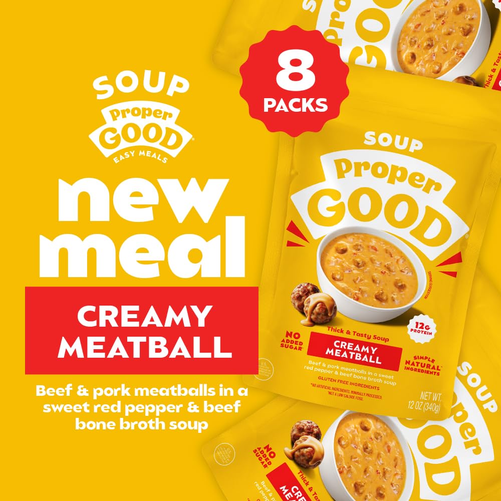 Proper Good Creamy Meatball Soup, 12g Protein, Shelf Stable, 12 Ounce (Pack of 8)