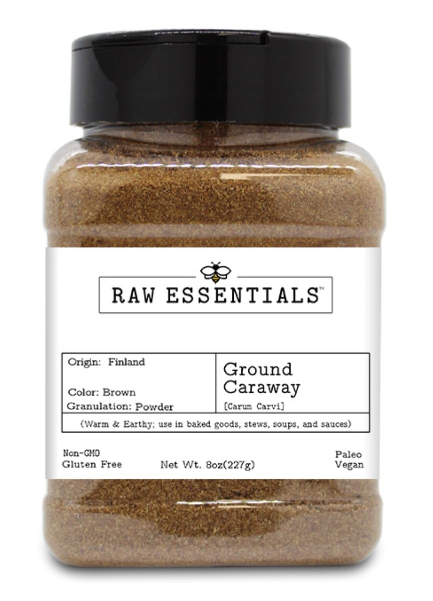 Raw Essentials Ground Caraway Seeds - Warm & Earthy Flavor - 8 Ounce Bottle