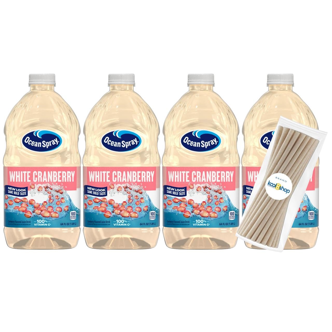 Ocean Spray White Cranberry Juice Drink 64 fl oz Plastic Bottles 4 Pack + 15 Sugarcane Disposable Straws by KOOL8SHOP Infinite D