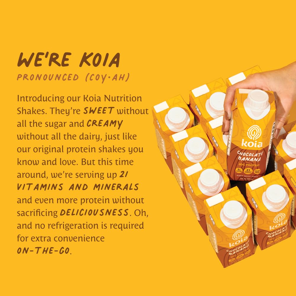 Koia Plant Based Protein Shake, Chocolate Banana, 20g Protein, 5g Sugar, 6g Prebiotic Fiber, 21 Vitamins & Minerals, Meal Replac