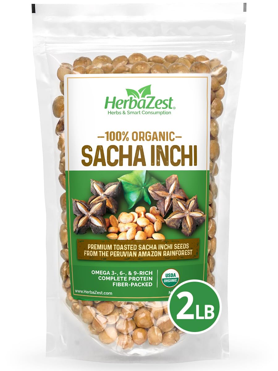 HerbaZest Sacha Inchi Seeds - USDA Organic, Vegan, Non-GMO, Gluten-Free - 2 LB
