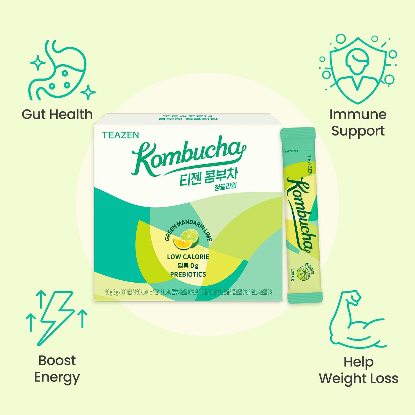 Teazen Green Mandarin Lime Kombucha Tea, Hydration Drink Mix, Sugar Free, Live Probiotics & Prebiotics, 30 Sticks, 5.29Oz