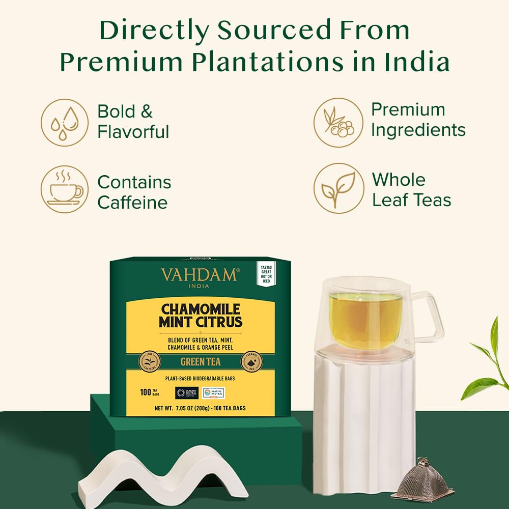 VAHDAM Green Tea Bags, Chamomile with Mint & Citrus, 100 Count, 100% Fresh and Natural