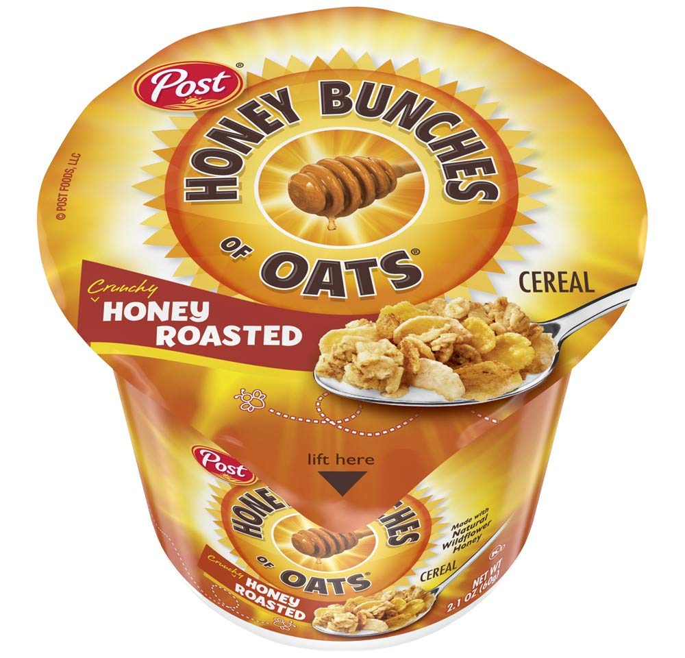 Post Honey Bunches Of Oats Honey Roasted Breakfast Cereal, Honey Oats Cereal With Granola Clusters, Small Cereal Cup Size For Easy On-The-Go Breakfast, 2 Oz Cereal Cup