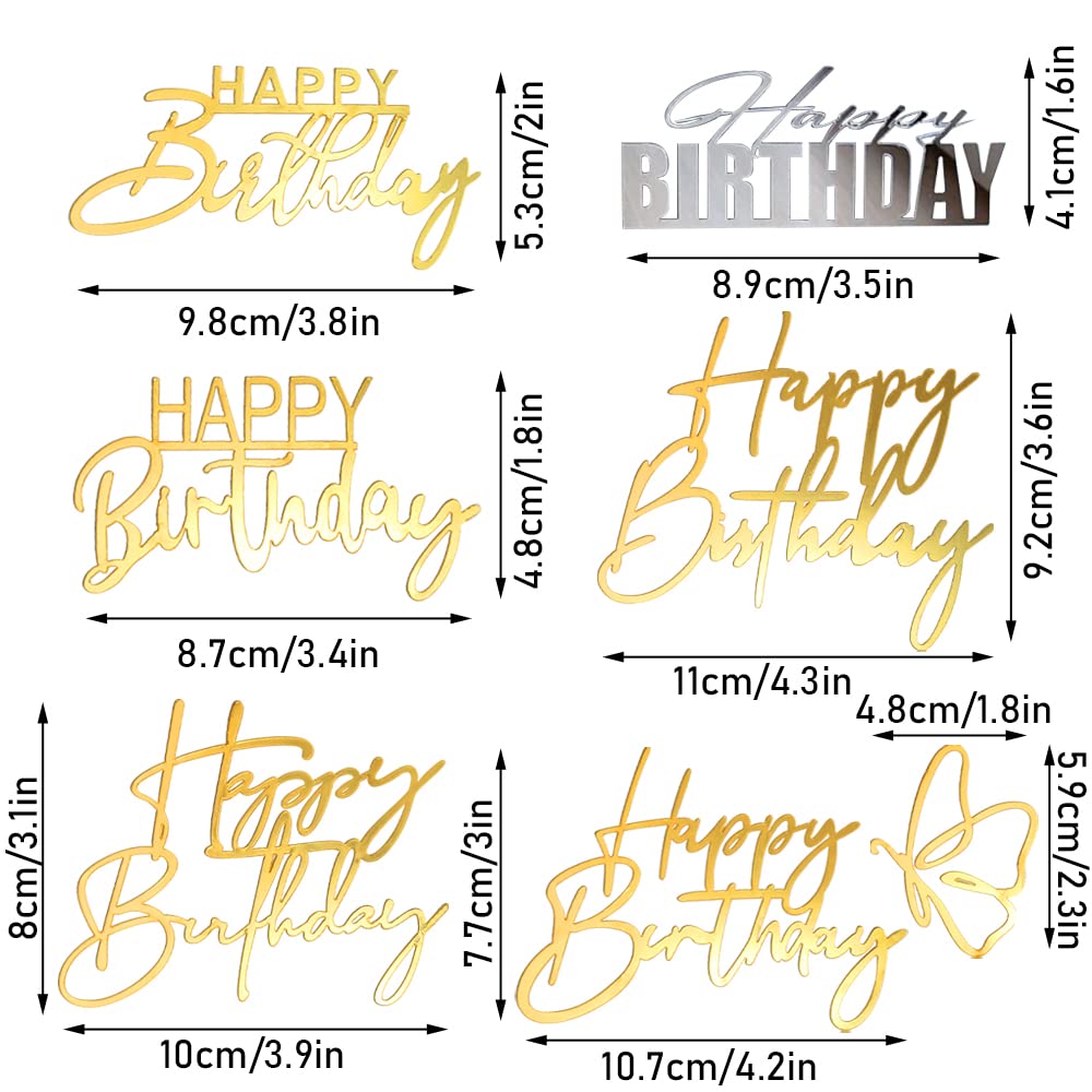 6 Packs Happy Birthday Cake Toppers Side Mirror Acrylic Cake Topper Happy Birthday Cake Decorations Gold Cupcake Toppers Cake De