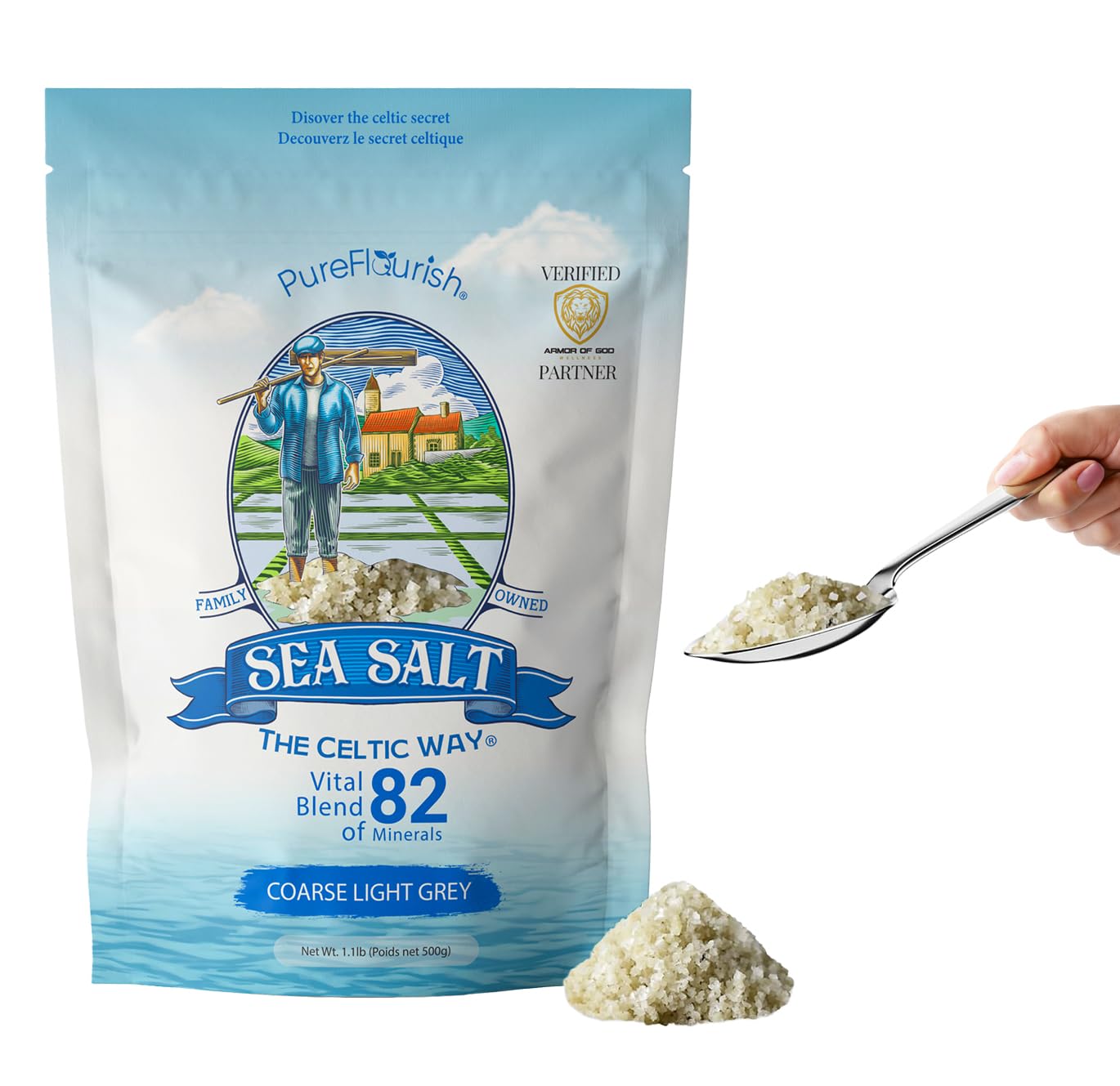 Pure Flourish Sea Salt - The Celtic Way 1.1 LB | Certified French Harvest & Import | Organic & Unrefined | Rich in 82 Essential Minerals | Hand Harvested Light Grey Celtic Salt Crystals from France