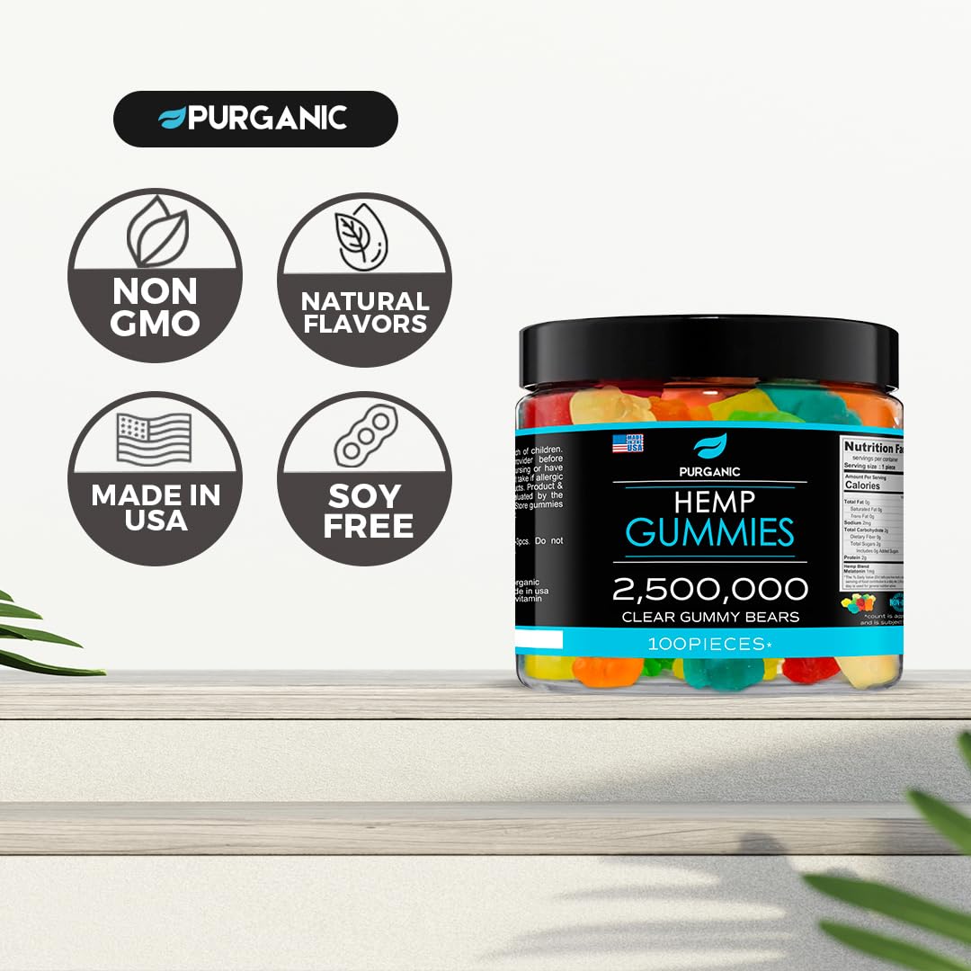 Purganic Hemp Gummies - Made in USA - 100% Natural and Tasty Fruit Flavors - 100ct