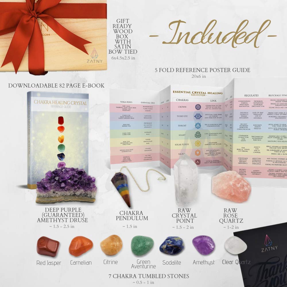 Crystals And Healing Stones Premium Kit In Wooden Box - 7 Chakra Stones Healing Crystals Set, Rose Quartz, Amethyst Cluster, Qua