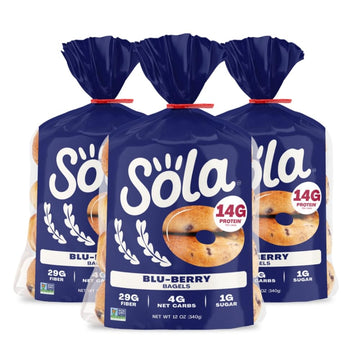 SOLA Keto Bagels, Blu-berry - Low Carb (6g), High Protein (18g), No Added Sugar, 12 oz (Pack of 3)