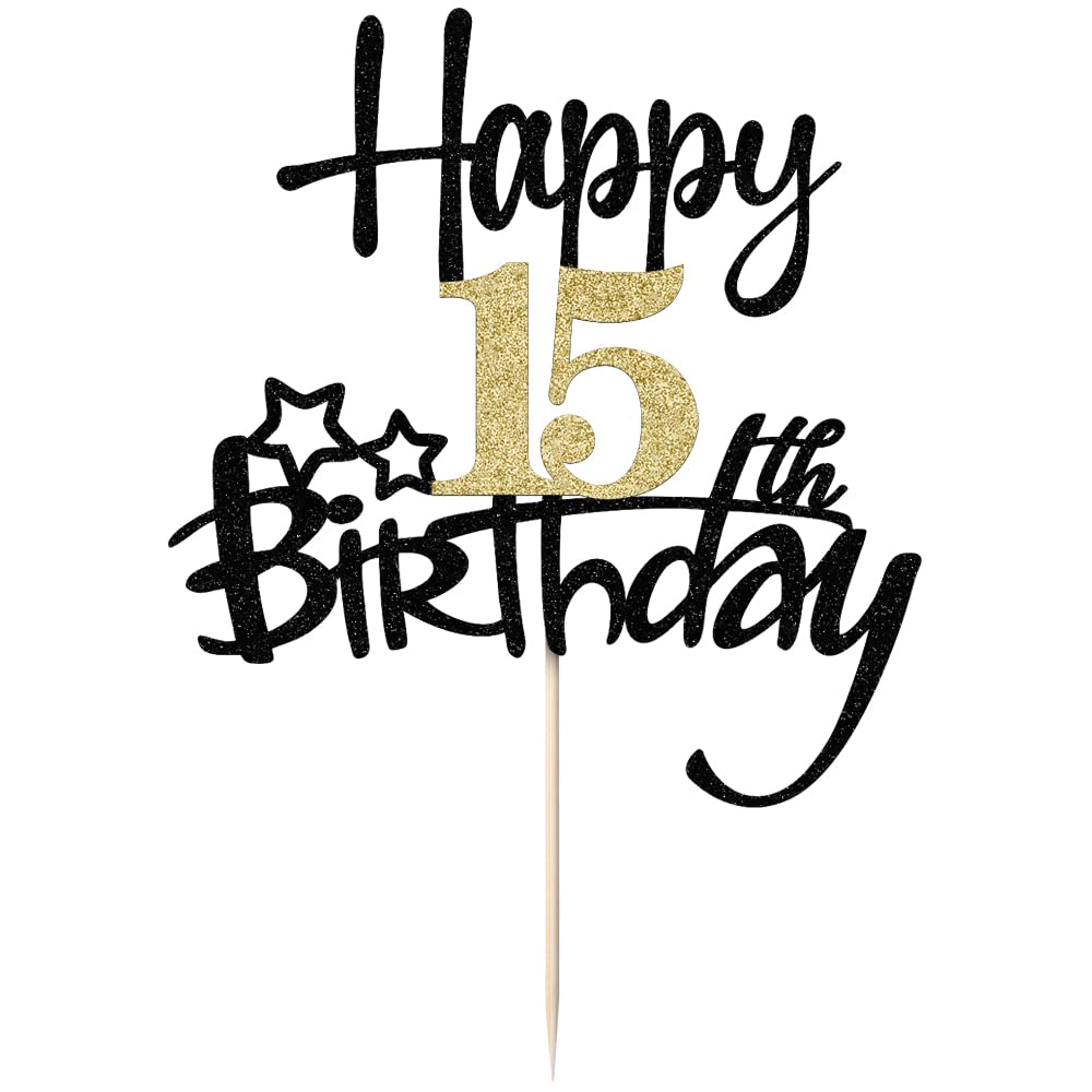 Kaoenla Black Gold Glitter Happy 15Th Birthday Cake Topper - Hello 15/Cheers15,Happy Fifteen Birthday Anniversary,15 Years Old B