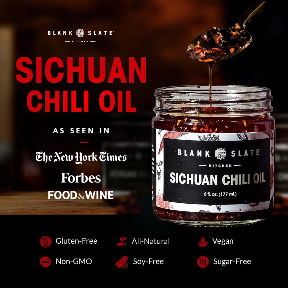 Blank Slate Kitchen Sichuan Chili Oil (6 Oz) | Gourmet Spicy Tingly Numbing Umami Hot Sauce | Authentic Chinese Mala | Vegan, Gluten-Free, Sugar-Free, Non-Gmo, No Msg