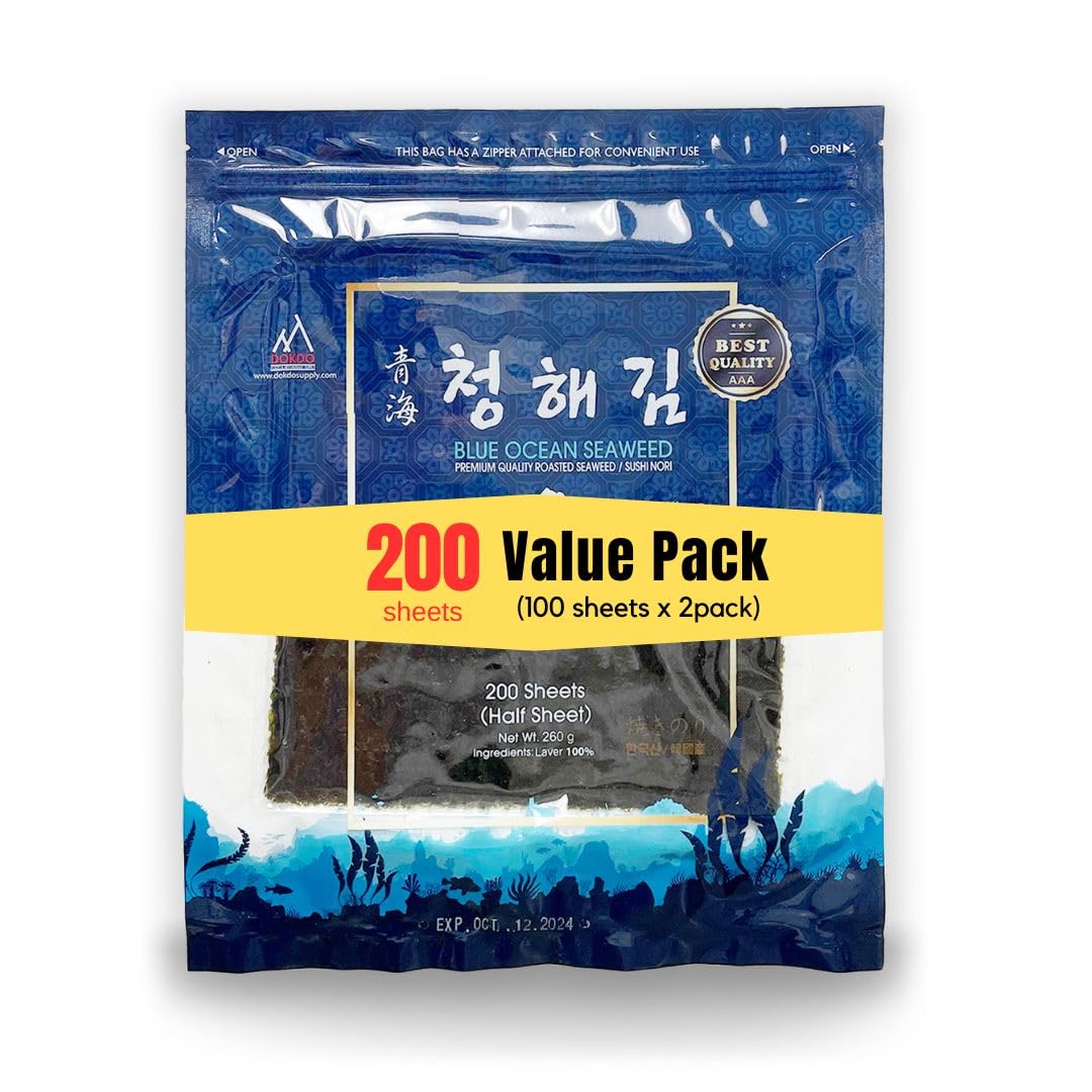 Blue Ocean Sushi Nori Seaweed Half sheets 200 (100x2) 260Gram Organic Yaki Roasted Rolls Wraps 100% Natural Laver Fresh Premium 