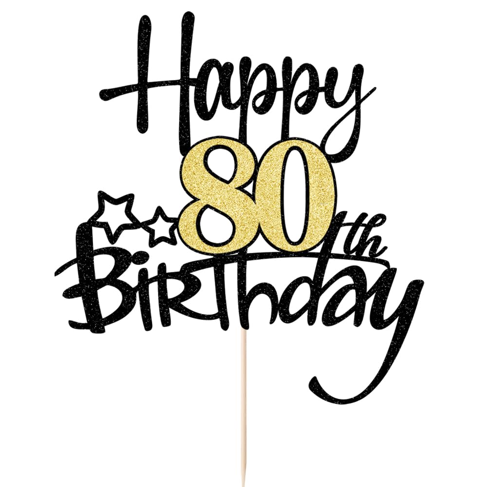 Kaoenla Black Gold Glitter Happy 80Th Birthday Cake Topper - Hello 80/Cheers 80,Happy Fourteen Birthday Anniversary,80 Years Old