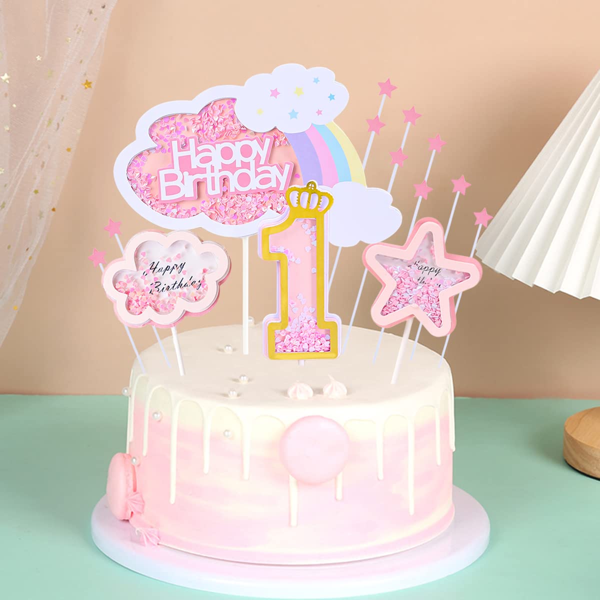Kawailay Baby Girl 1St Birthday Cake Decoration Set First Birthday Cake Topper With Rainbow Clouds Stars Cake Picks One Year Old