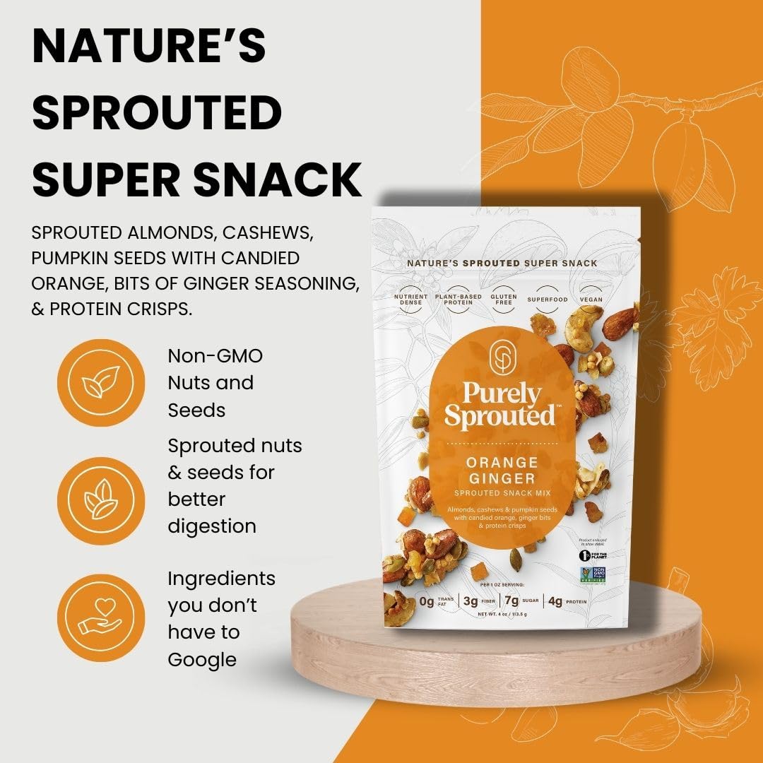 Purely Sprouted Orange Ginger Snack Mix: Vegan, Gluten-Free, And Non-Gmo Blend For A Healthy Crunch! (4 Oz, 6 Pack)