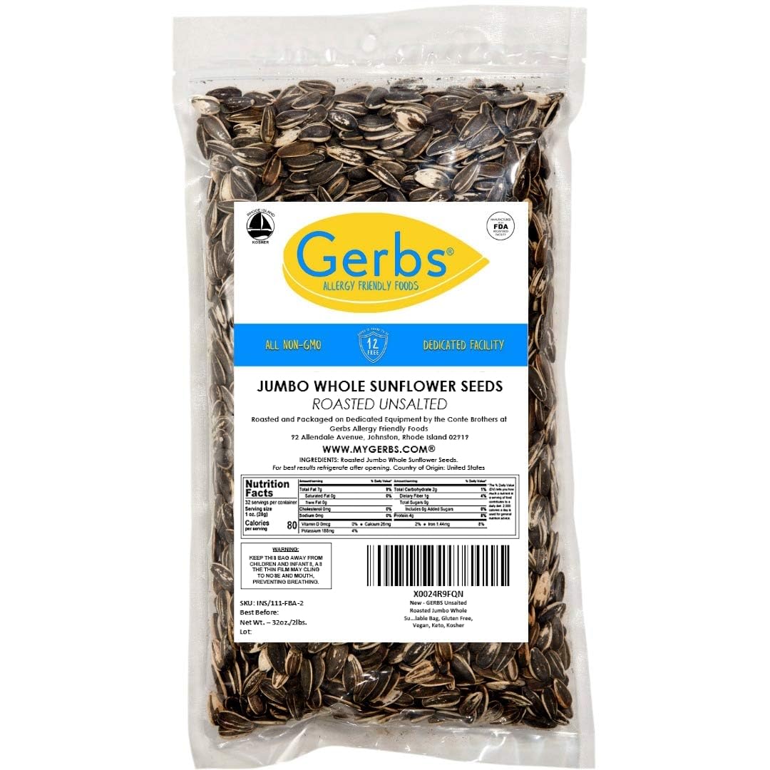GERBS Jumbo Unsalted Sunflower Seeds In Shell - 2 LBS - Top 14 Allergen Free, NON GMO, Premium Dry Roasted