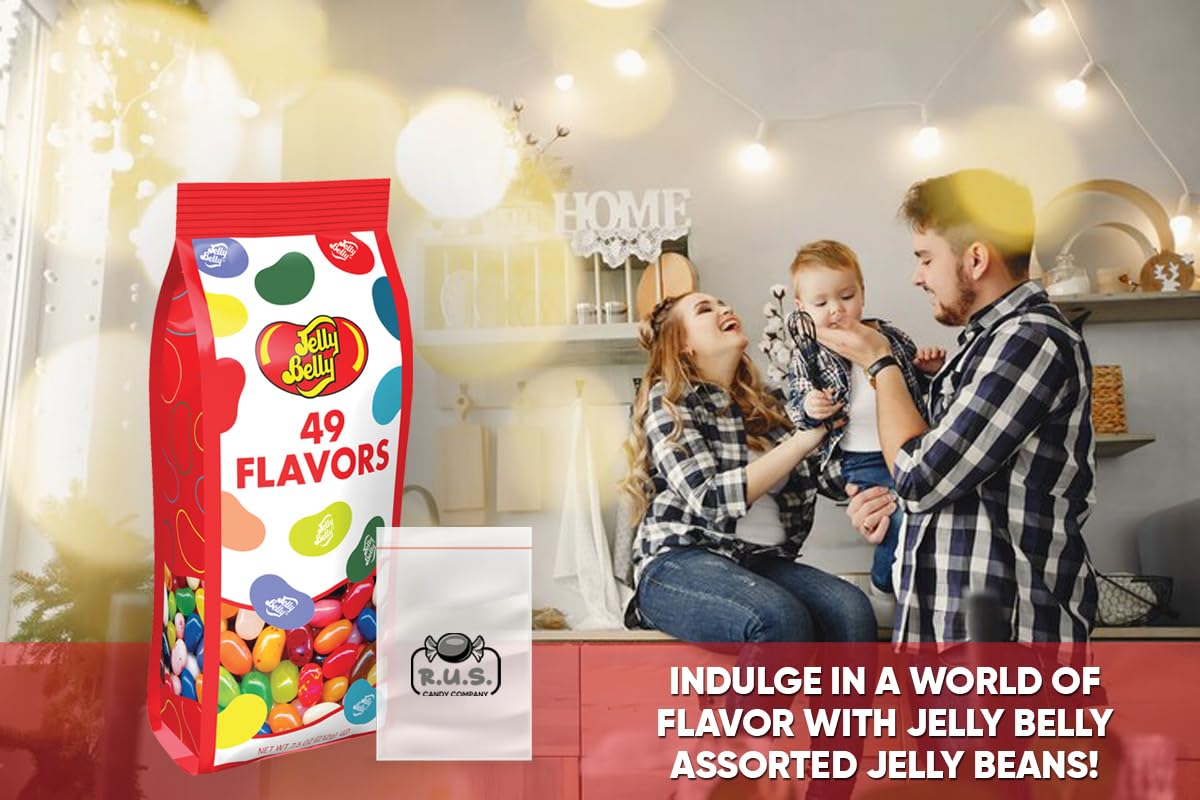 Jelly Belly Bundle- 49 Assorted Flavor Jelly Beans - 7.5 Oz Gift Bag- Includes Rus Candy Company Travel Size Pocket Bag (49 Flav