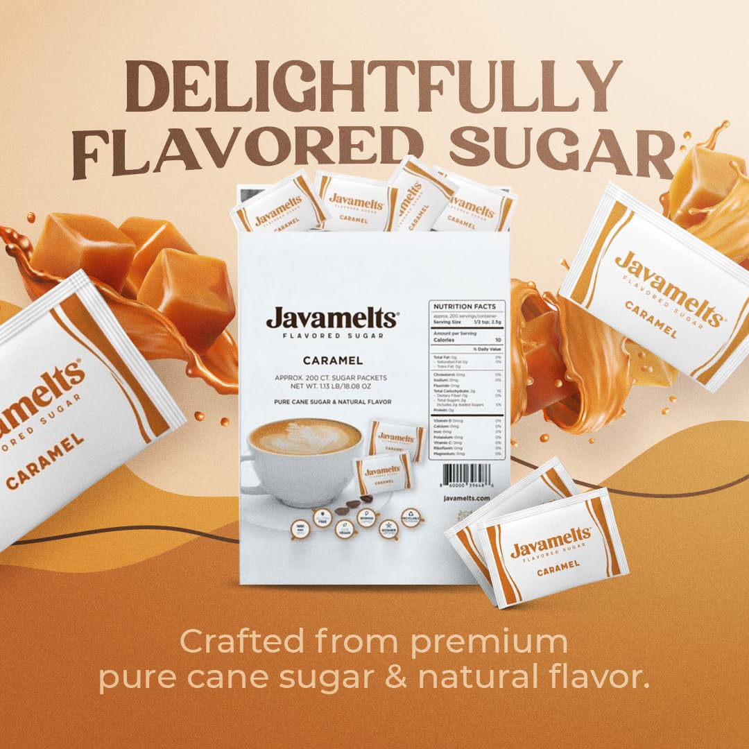 JAVAMELTS Caramel Sugar Packets | Non-GMO, Gluten-Free | 200 Count