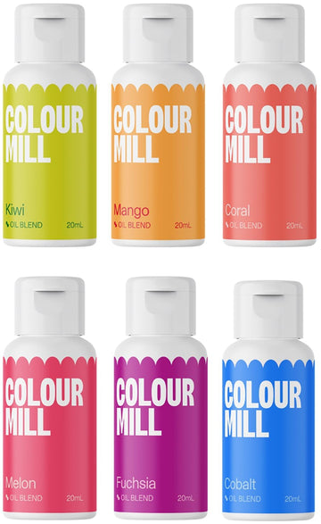 Colour Mill Oil-Based Food Coloring, Tropical Pack: 20 Milliliters Each Of 6 Colors - Cobalt, Coral, Fuchsia, Kiwi, Mango And Me
